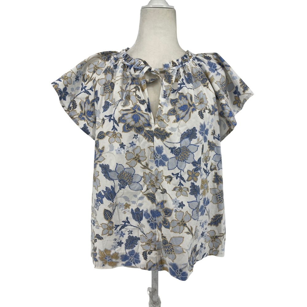 Gap Womens Blue Floral Flutter‎ Sleeve Tie Cotton Blouse Top Small Mothers Day